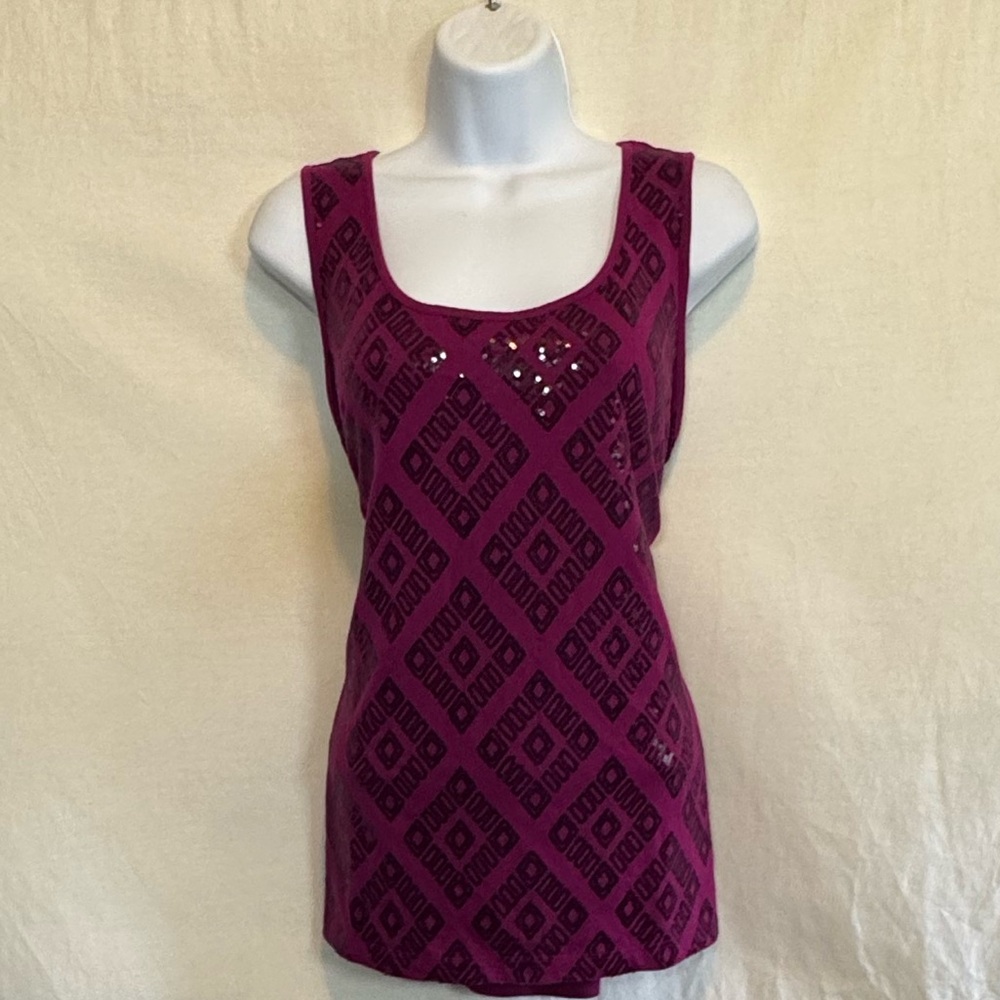 D-42 Ruby Rd. Pink & Black Sequin Front Sleeveless Pullover Summer Blouse Size L